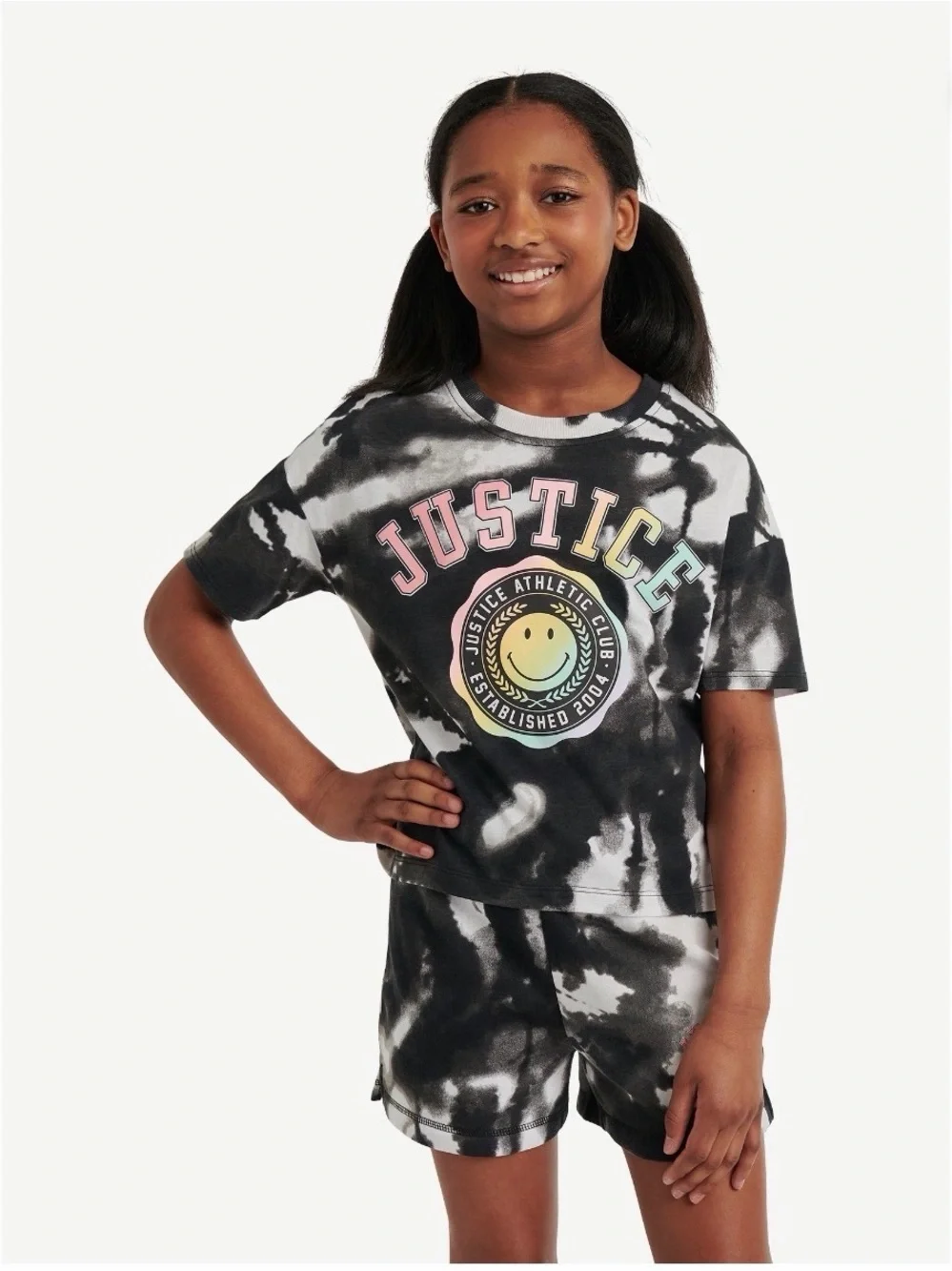 Justice Black & White Tie-Dye Logo Tee with Rainbow Accent